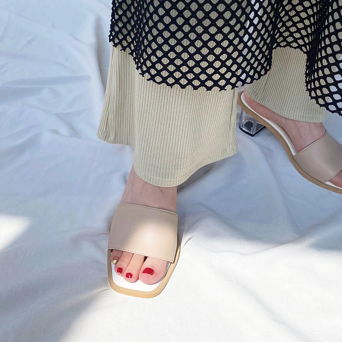 15% OFF: Wide Band Clear Heel Mules (m50002) Light Greige