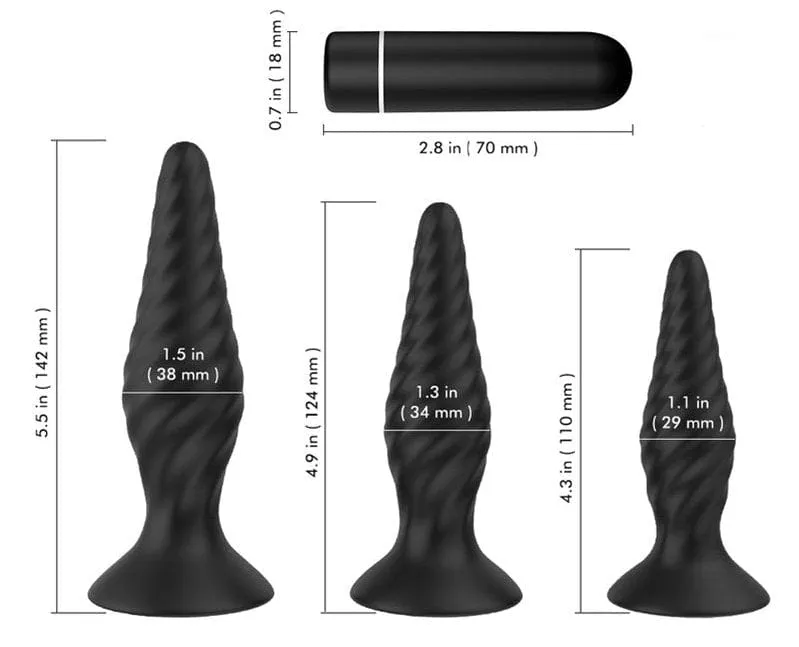 4447M      3 Pc Rechargeable 9 Function Wireless Remote Control Vibrating Butt Plug Kit
