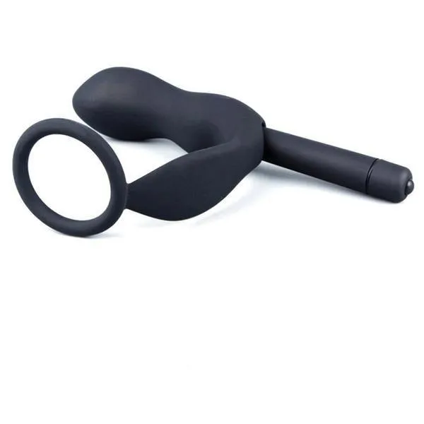 6838M-SIS      Sissy's Vibrating Black Silicone 2 Point Prostate Pleaser with Cock Ring