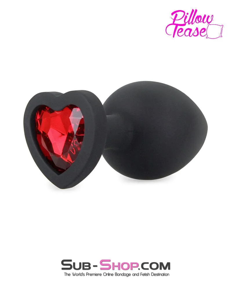 7384M      Large Black Silicone Butt Plug with Ruby Heart Gem - LAST CHANCE - Final Closeout!