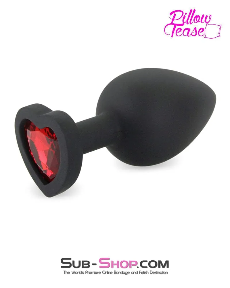 7384M      Large Black Silicone Butt Plug with Ruby Heart Gem - LAST CHANCE - Final Closeout!