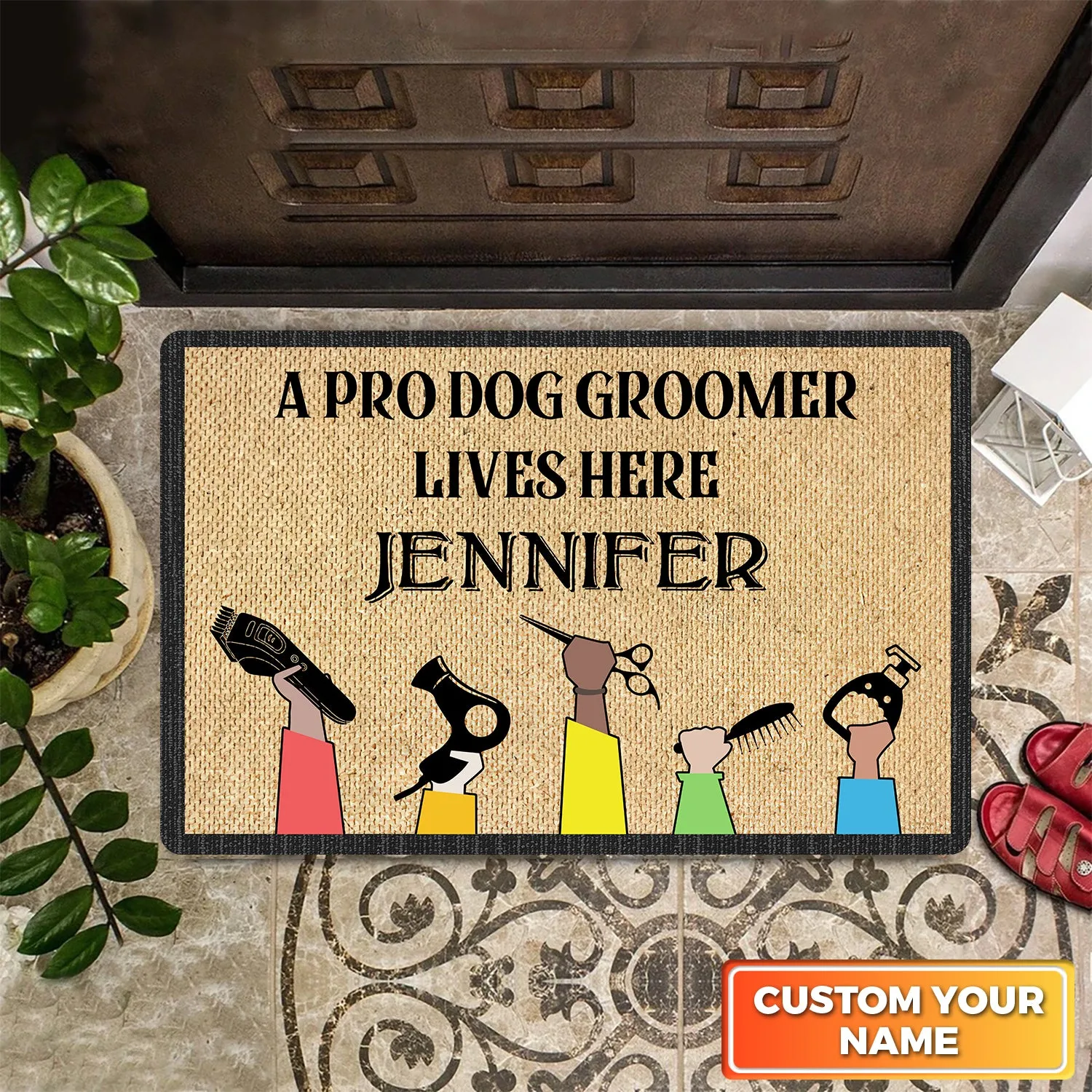 A Pro Dog Groomer Lives Here For Salon Pet Home Groomer Personalized Name Doomat 911