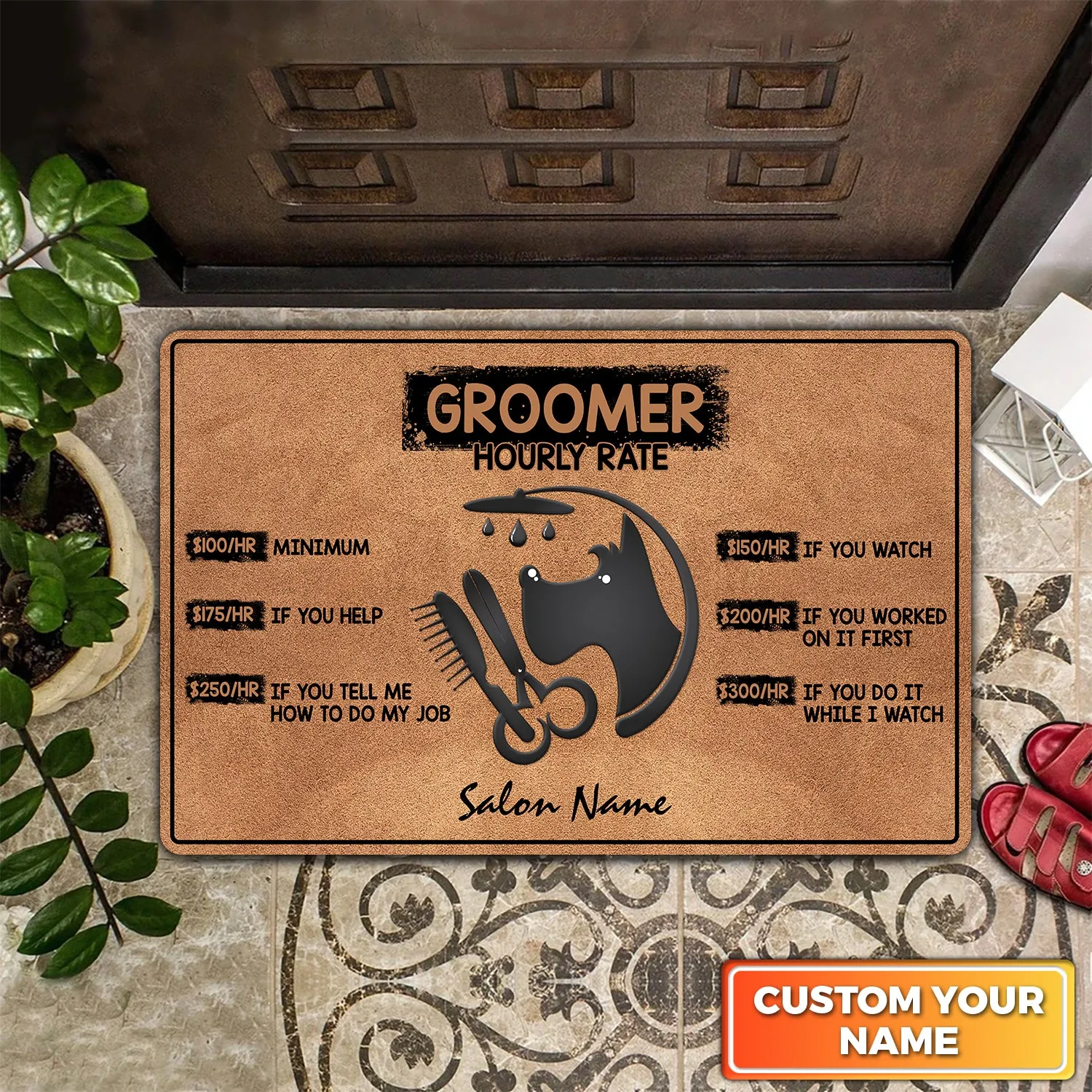 Brown Groomer Hourly Rate For Salon Pet Personalized Name Doomat 901