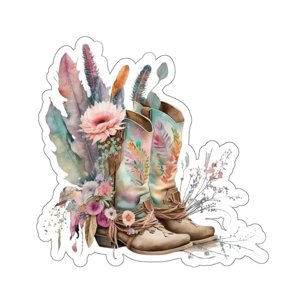Cowboy Boots, Cactus and Floral, Boho, Western, Kiss-Cut Stickers