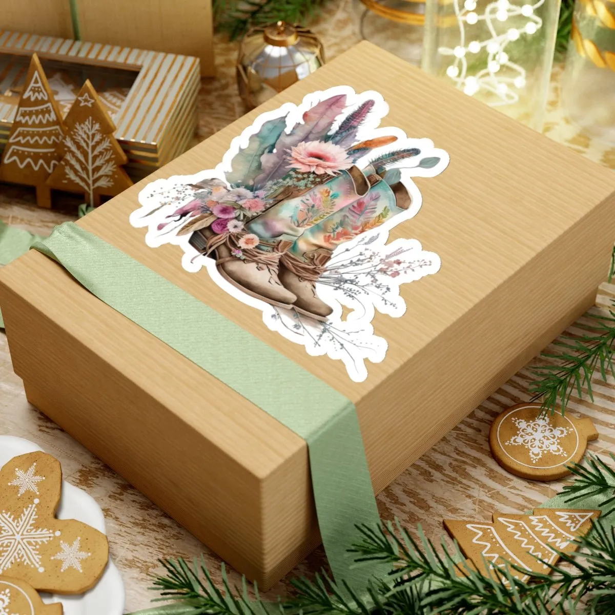 Cowboy Boots, Cactus and Floral, Boho, Western, Kiss-Cut Stickers