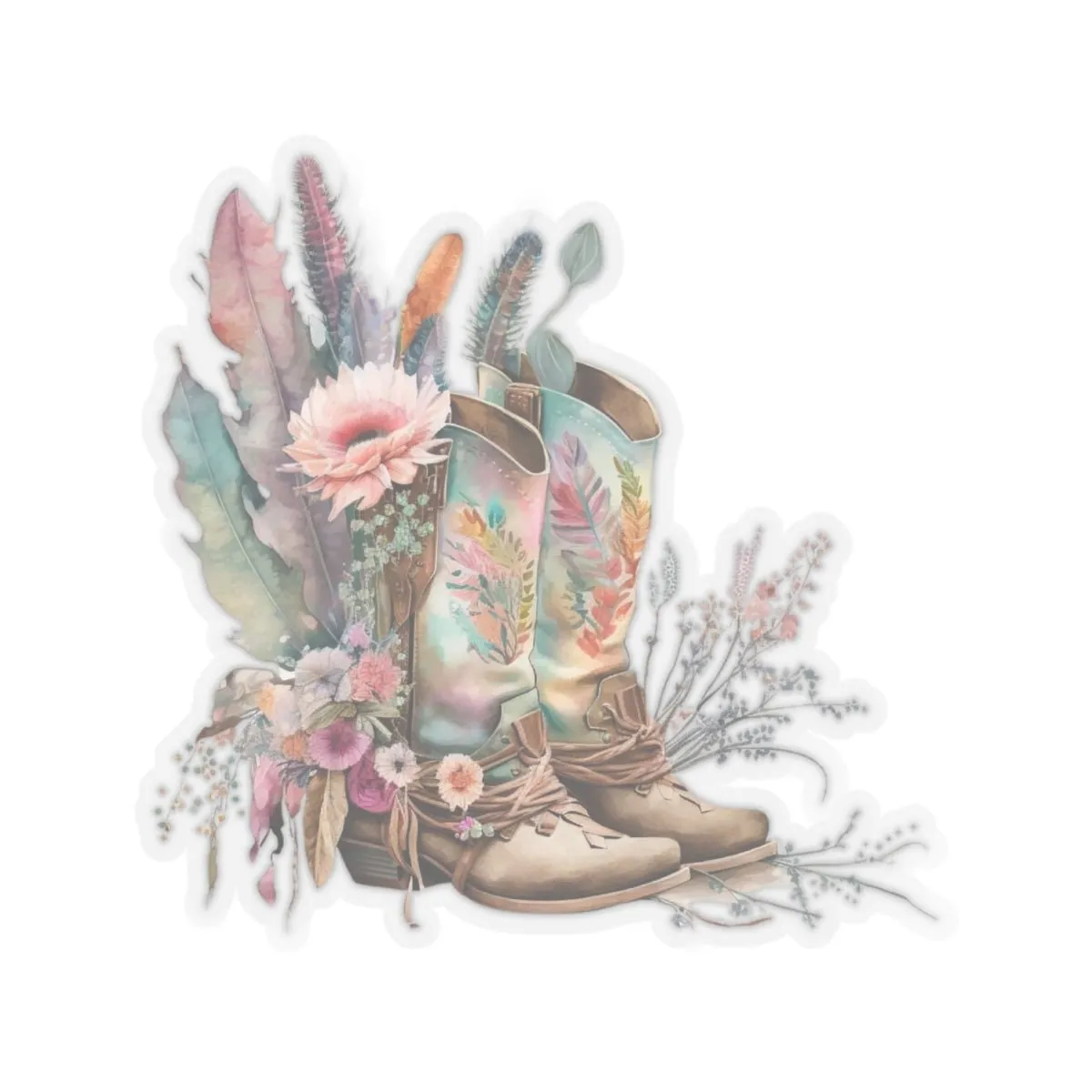 Cowboy Boots, Cactus and Floral, Boho, Western, Kiss-Cut Stickers