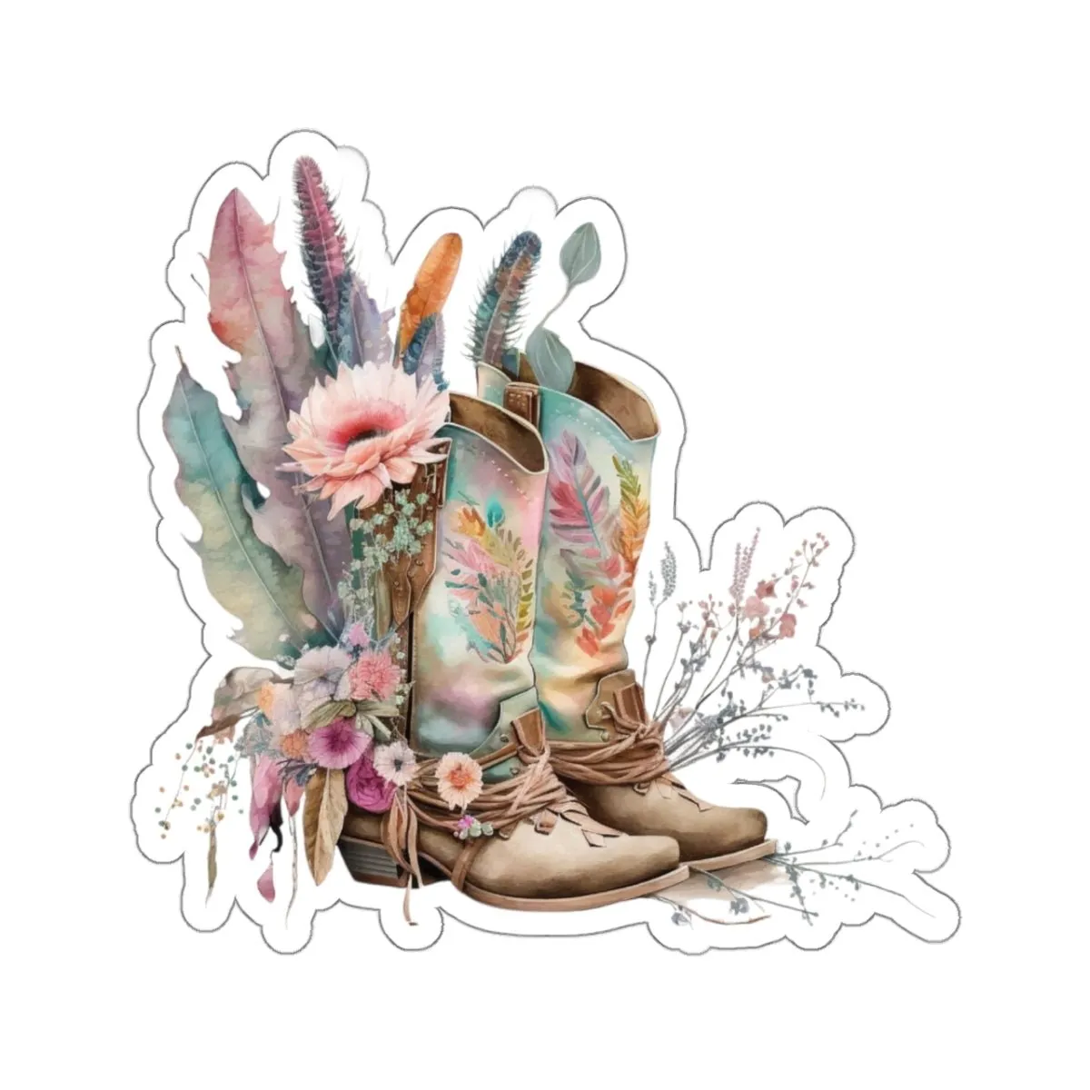 Cowboy Boots, Cactus and Floral, Boho, Western, Kiss-Cut Stickers