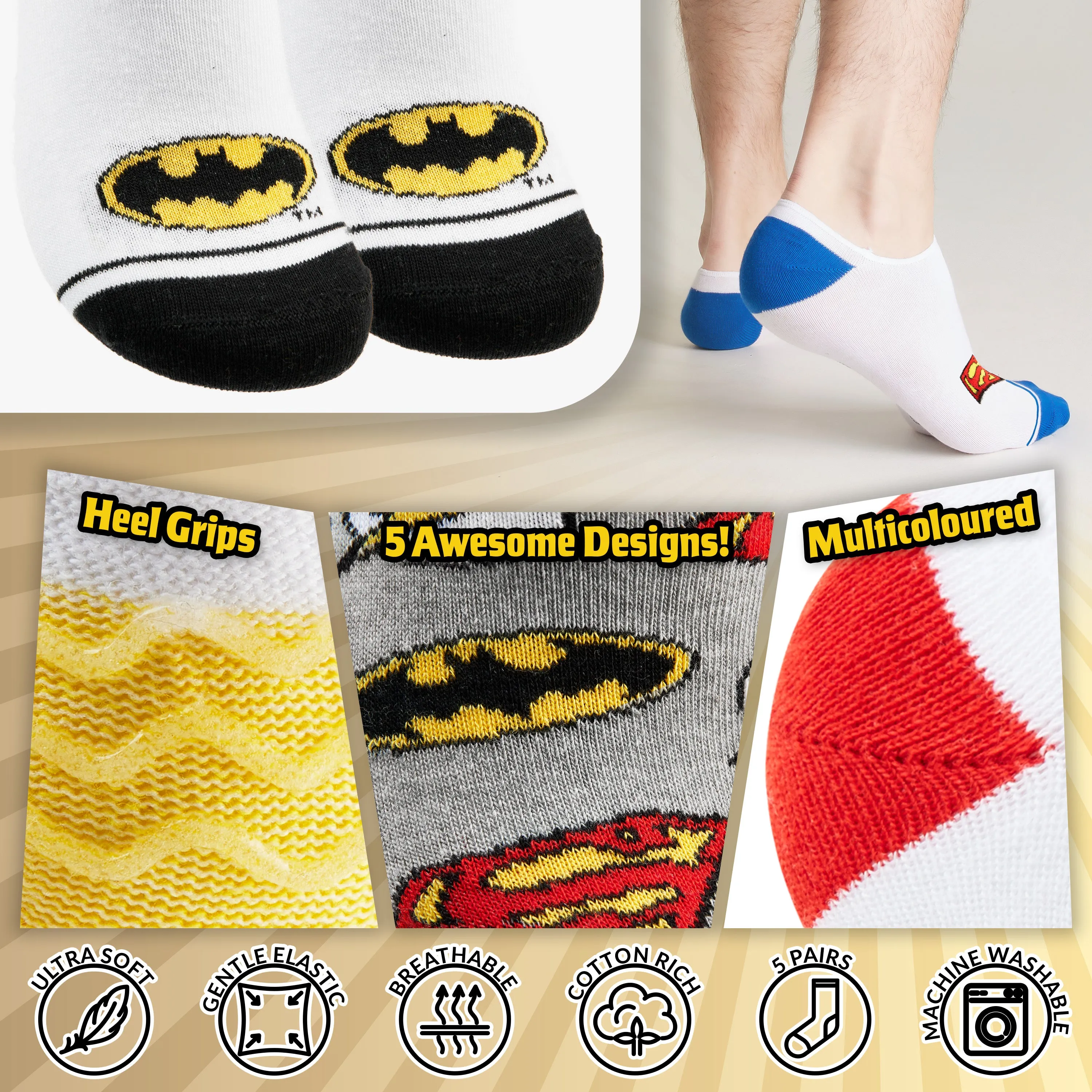 DC Comics Invisible Socks Men - Pack of 5 Summer No Show Socks Men, Teenagers Batman Superman Size 8-11 Trainer Socks