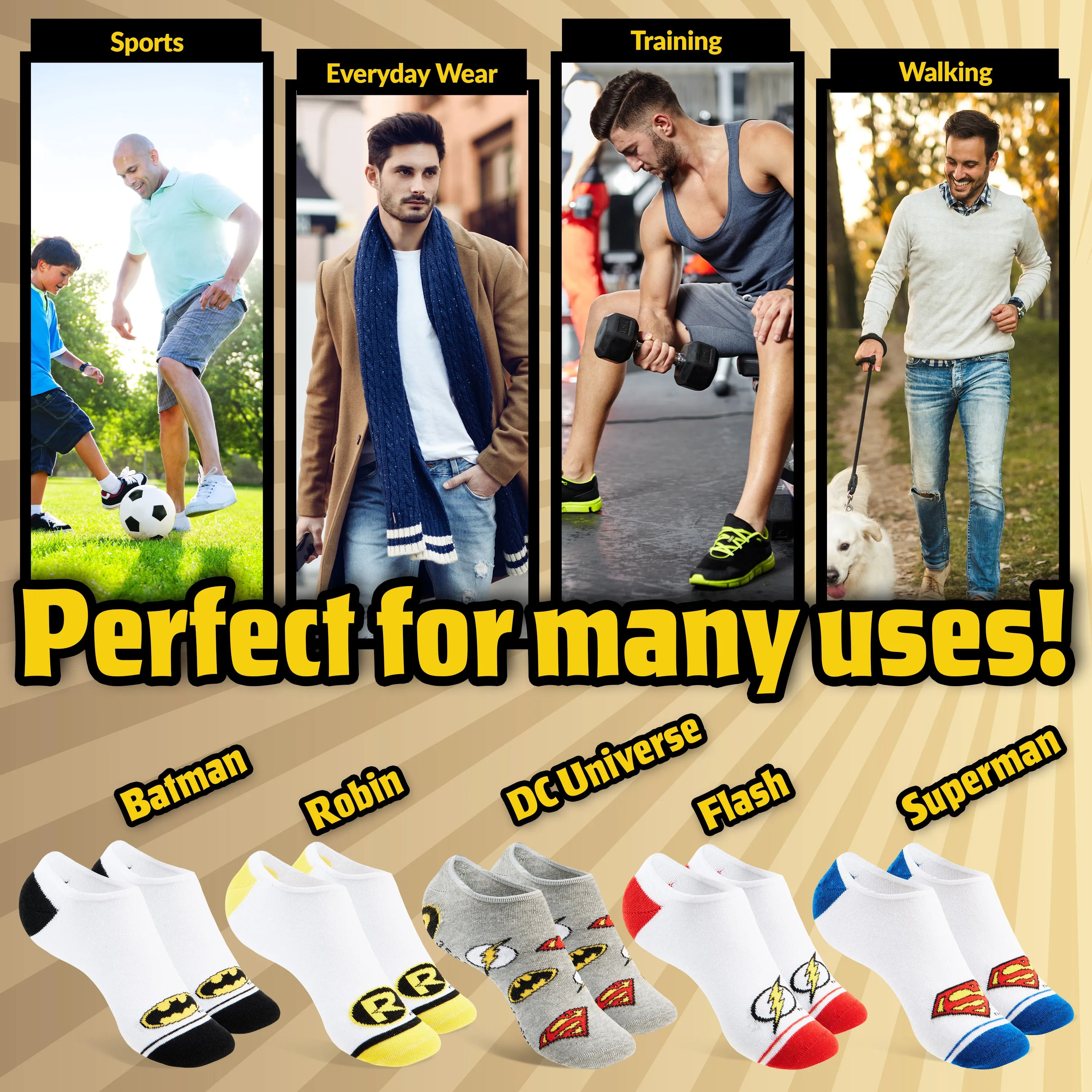 DC Comics Invisible Socks Men - Pack of 5 Summer No Show Socks Men, Teenagers Batman Superman Size 8-11 Trainer Socks