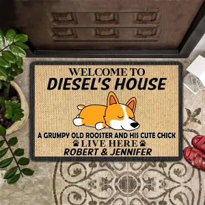 Dog House Grumpy Old Rooster And Kute Chick Live Here Personalized Name Doomat 926