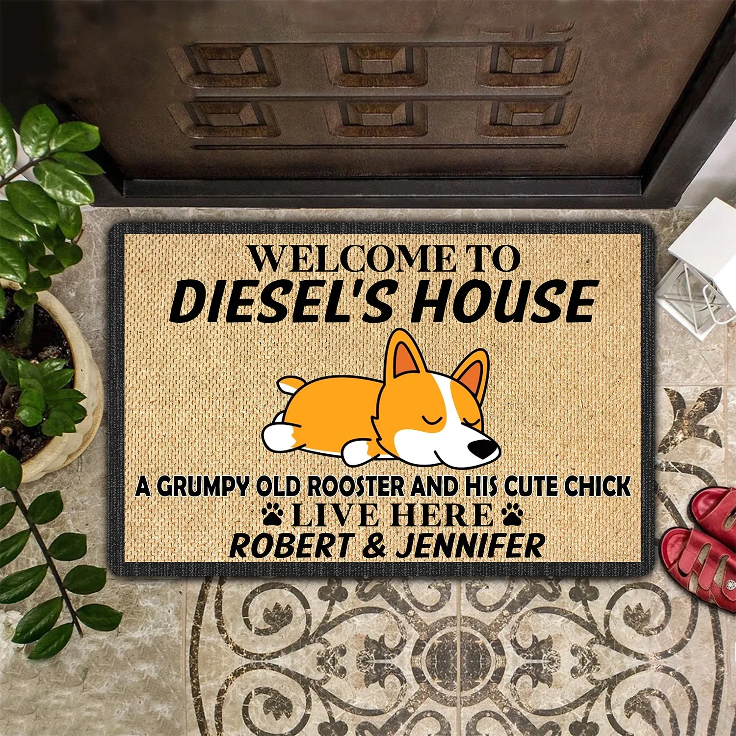 Dog House Grumpy Old Rooster And Kute Chick Live Here Personalized Name Doomat 926
