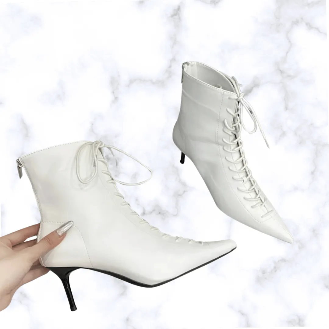 Elegant Designer Pointed Toe T-Tied Lace-Up Ankle Boots for Women – Thin High Heels