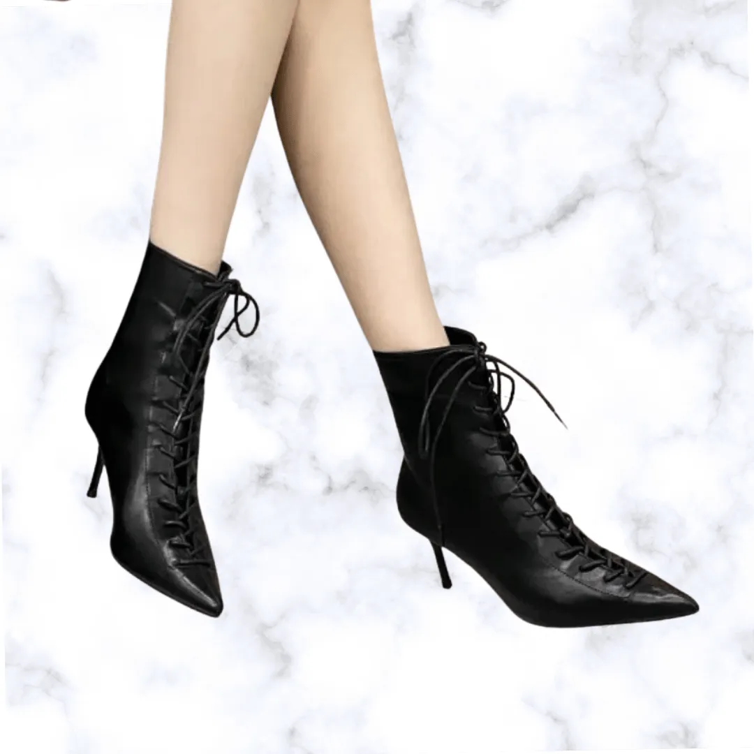 Elegant Designer Pointed Toe T-Tied Lace-Up Ankle Boots for Women – Thin High Heels