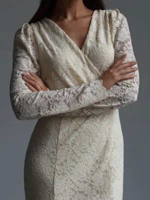 Elegant Lace-Embroidered Cream Midi Dress