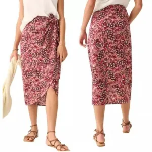 Faherty Pacifica Linen Blend Wrap Skirt Floral Rose Dessert Women's Size Med NWT