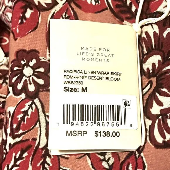 Faherty Pacifica Linen Blend Wrap Skirt Floral Rose Dessert Women's Size Med NWT