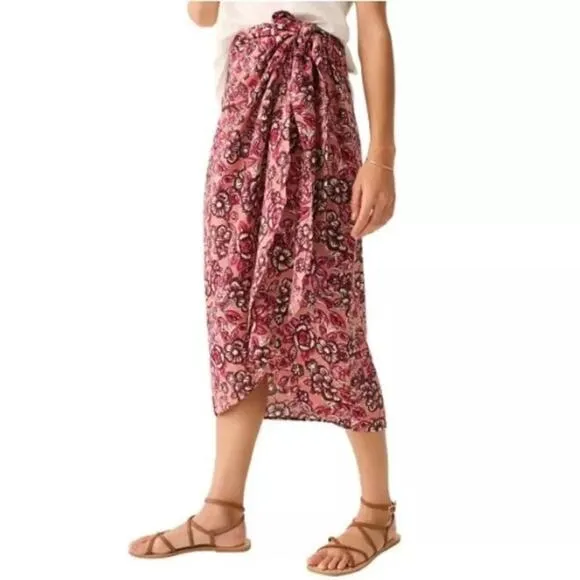 Faherty Pacifica Linen Blend Wrap Skirt Floral Rose Dessert Women's Size Med NWT