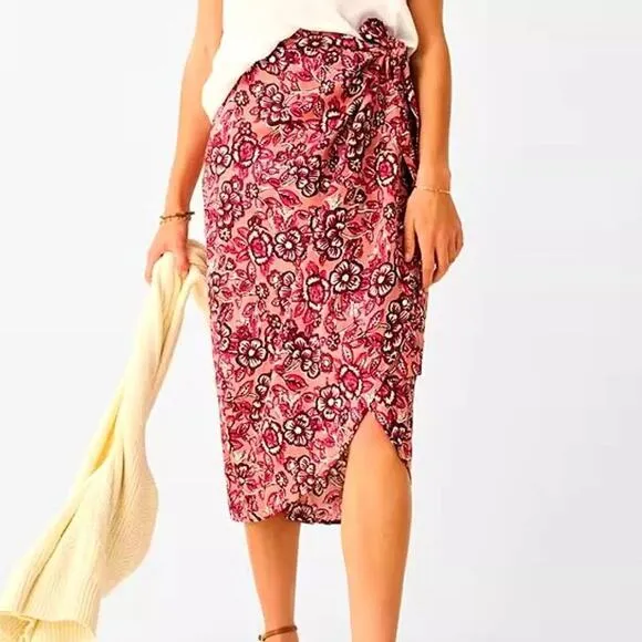 Faherty Pacifica Linen Blend Wrap Skirt Floral Rose Dessert Women's Size Med NWT