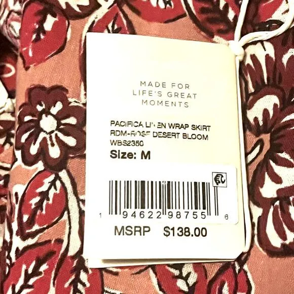 Faherty Pacifica Linen Blend Wrap Skirt Floral Rose Dessert Women's Size Med NWT
