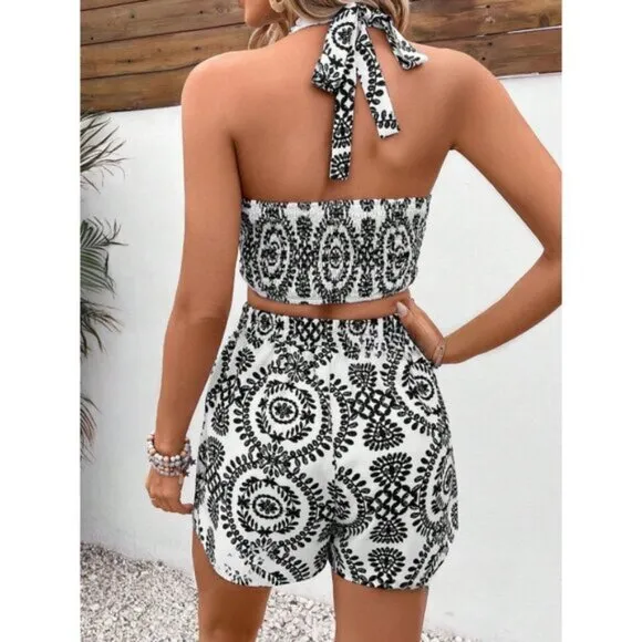Floral Halter Crop Top And Short Set Black/White