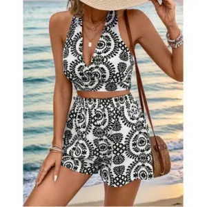 Floral Halter Crop Top And Short Set Black/White
