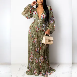 Floral Print V-Neck Pleated Maxi Dress With Belt