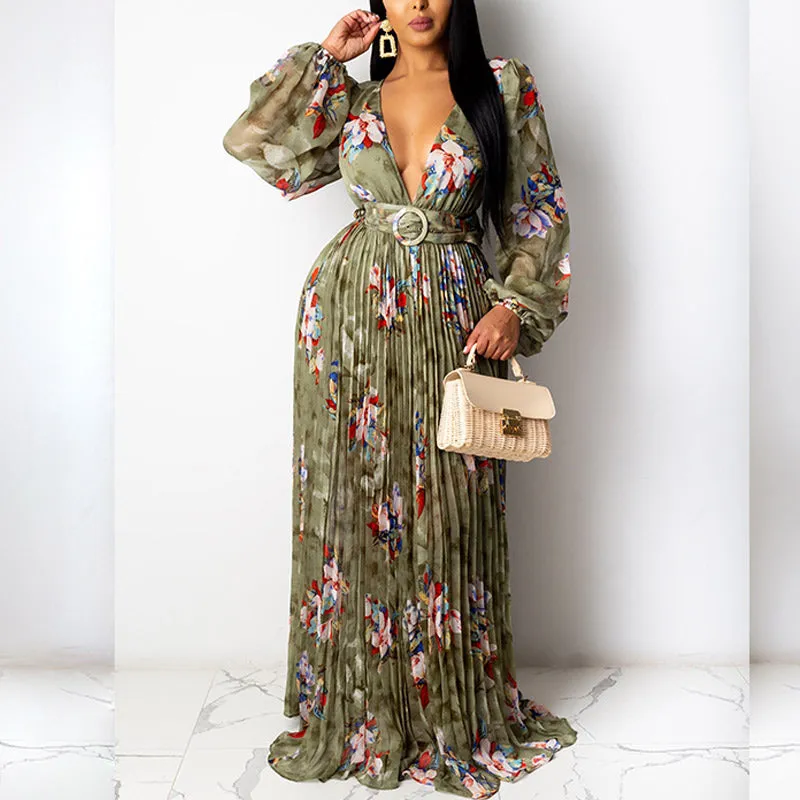 Floral Print V-Neck Pleated Maxi Dress With Belt
