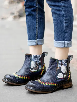 Genuine Leather Blue Chrysanthemum Side Floral Embossed Leather Chelsea Ankle Boots