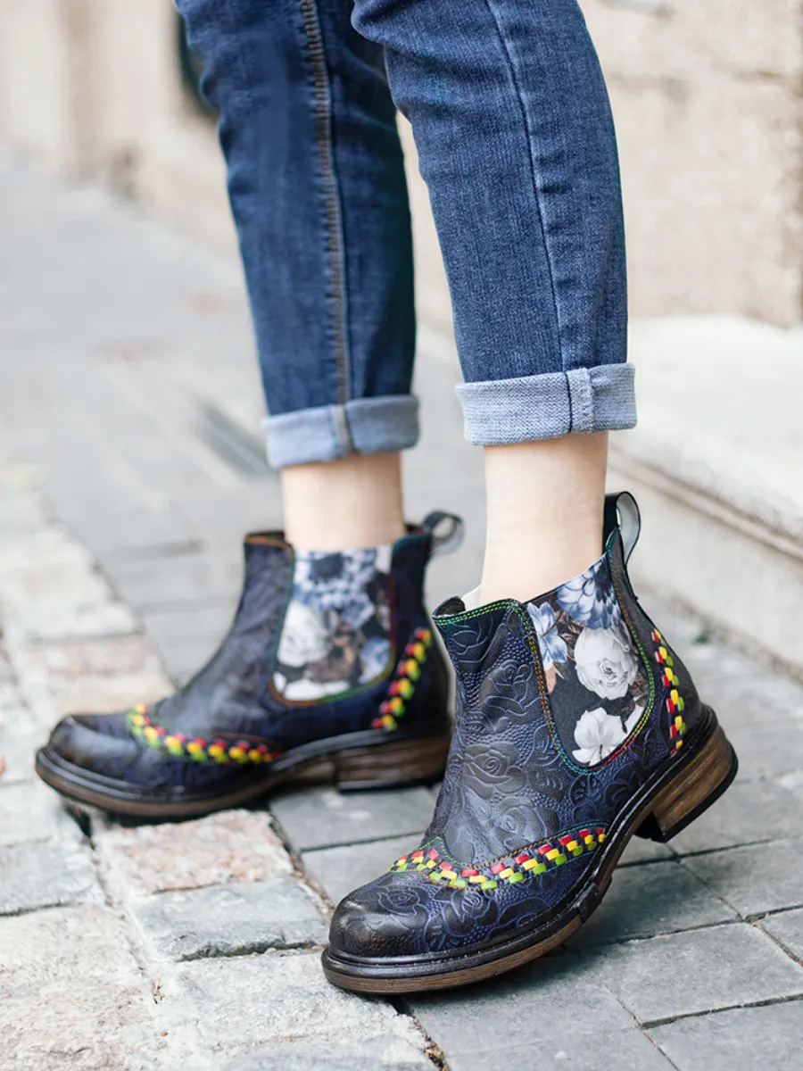 Genuine Leather Blue Chrysanthemum Side Floral Embossed Leather Chelsea Ankle Boots