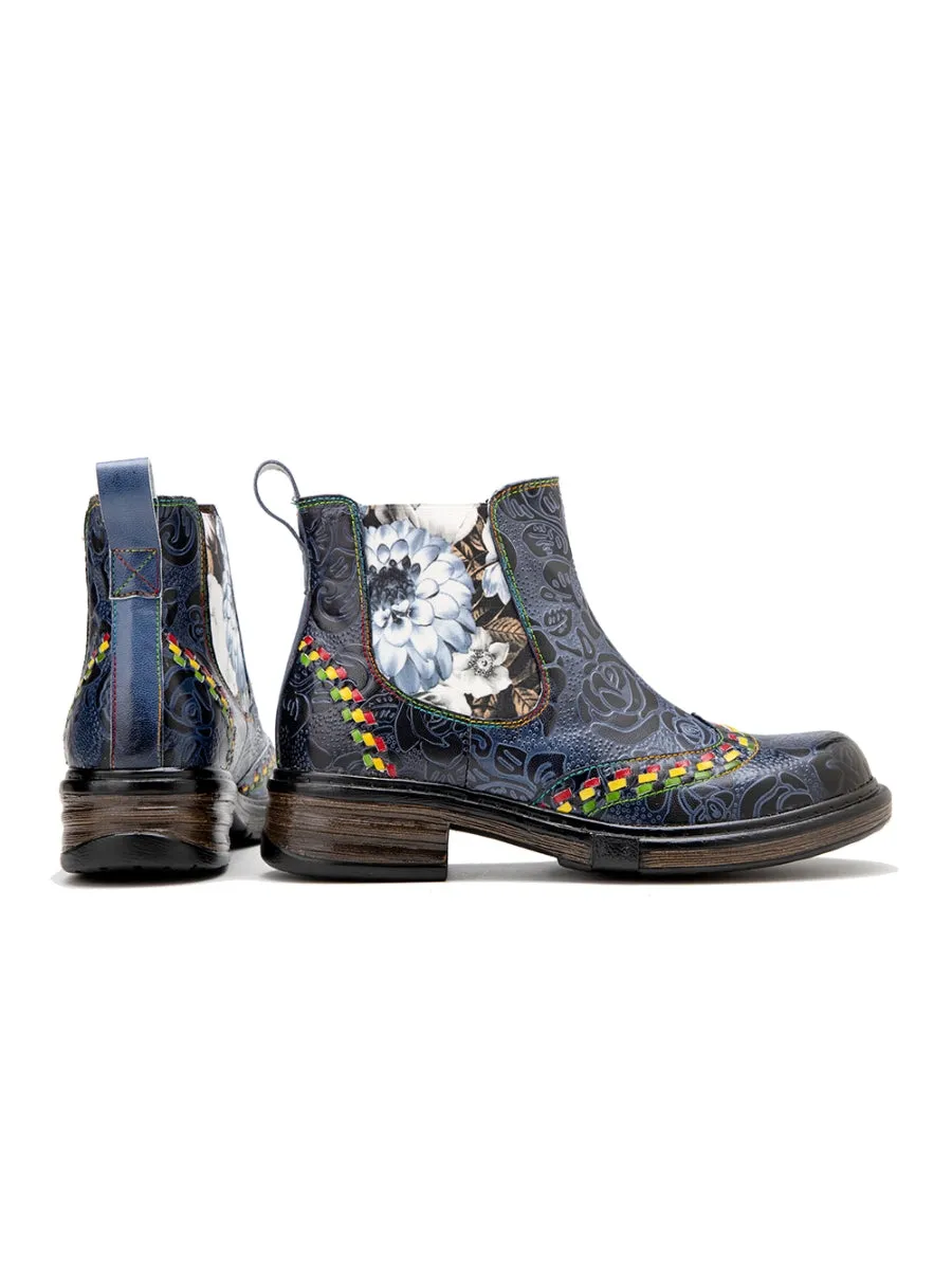 Genuine Leather Blue Chrysanthemum Side Floral Embossed Leather Chelsea Ankle Boots