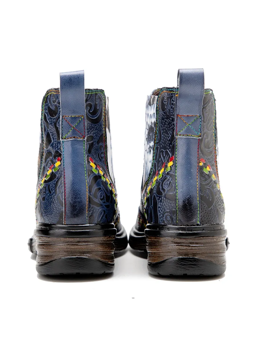 Genuine Leather Blue Chrysanthemum Side Floral Embossed Leather Chelsea Ankle Boots