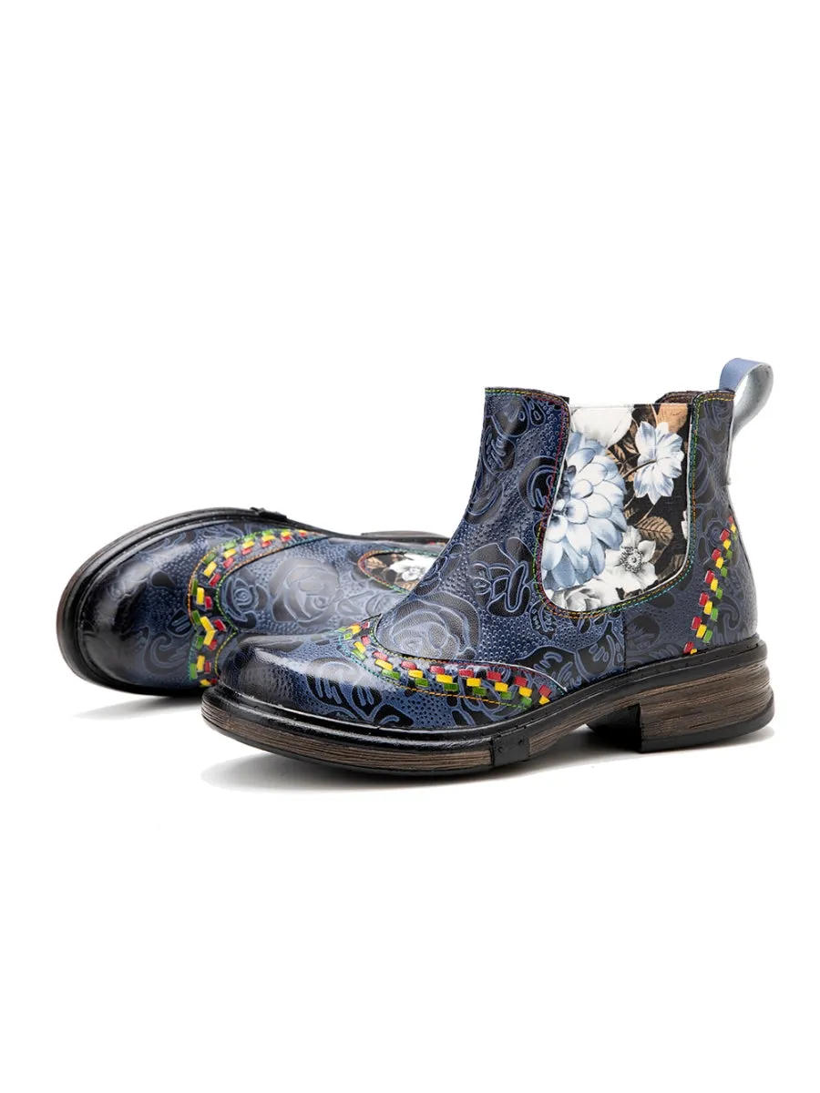 Genuine Leather Blue Chrysanthemum Side Floral Embossed Leather Chelsea Ankle Boots