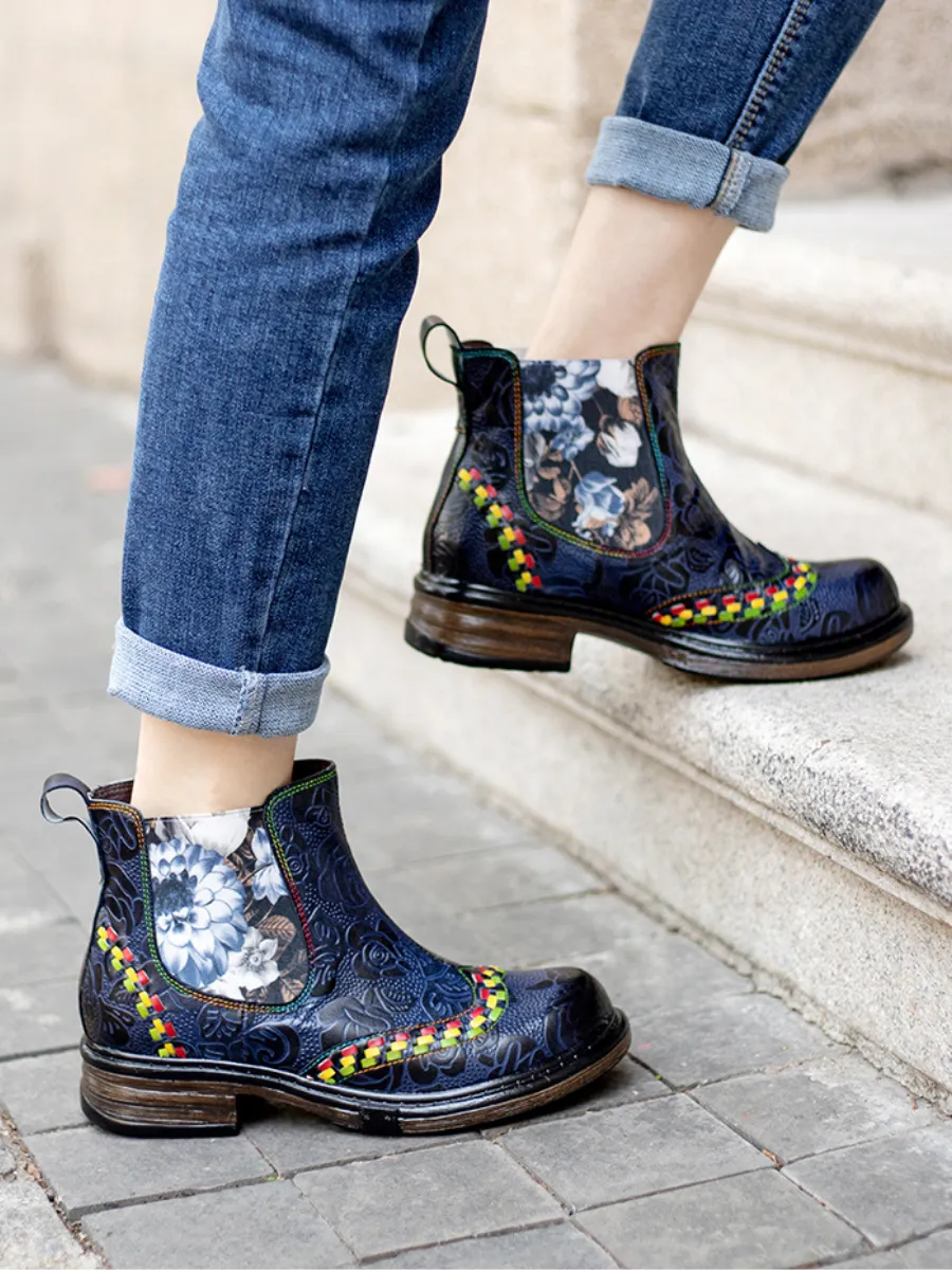 Genuine Leather Blue Chrysanthemum Side Floral Embossed Leather Chelsea Ankle Boots