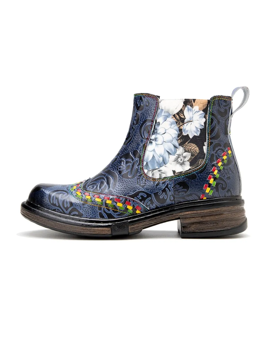 Genuine Leather Blue Chrysanthemum Side Floral Embossed Leather Chelsea Ankle Boots