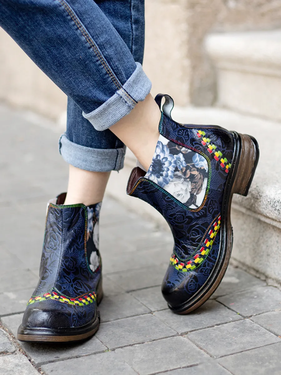 Genuine Leather Blue Chrysanthemum Side Floral Embossed Leather Chelsea Ankle Boots