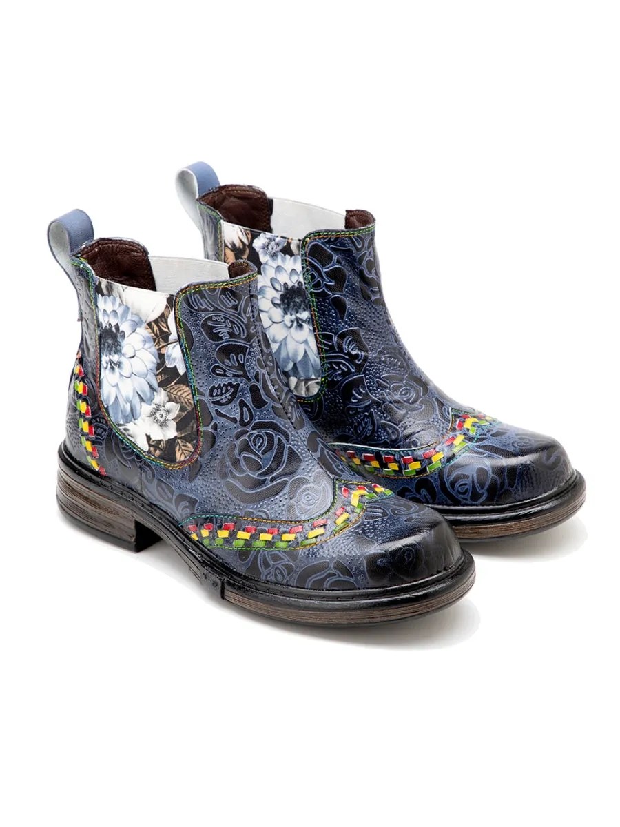 Genuine Leather Blue Chrysanthemum Side Floral Embossed Leather Chelsea Ankle Boots