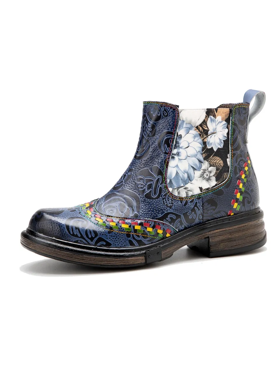Genuine Leather Blue Chrysanthemum Side Floral Embossed Leather Chelsea Ankle Boots