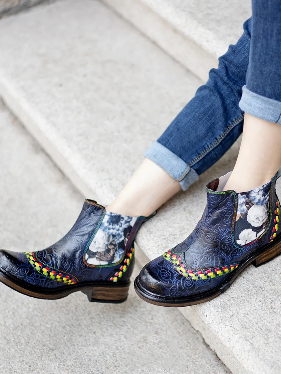 Genuine Leather Blue Chrysanthemum Side Floral Embossed Leather Chelsea Ankle Boots