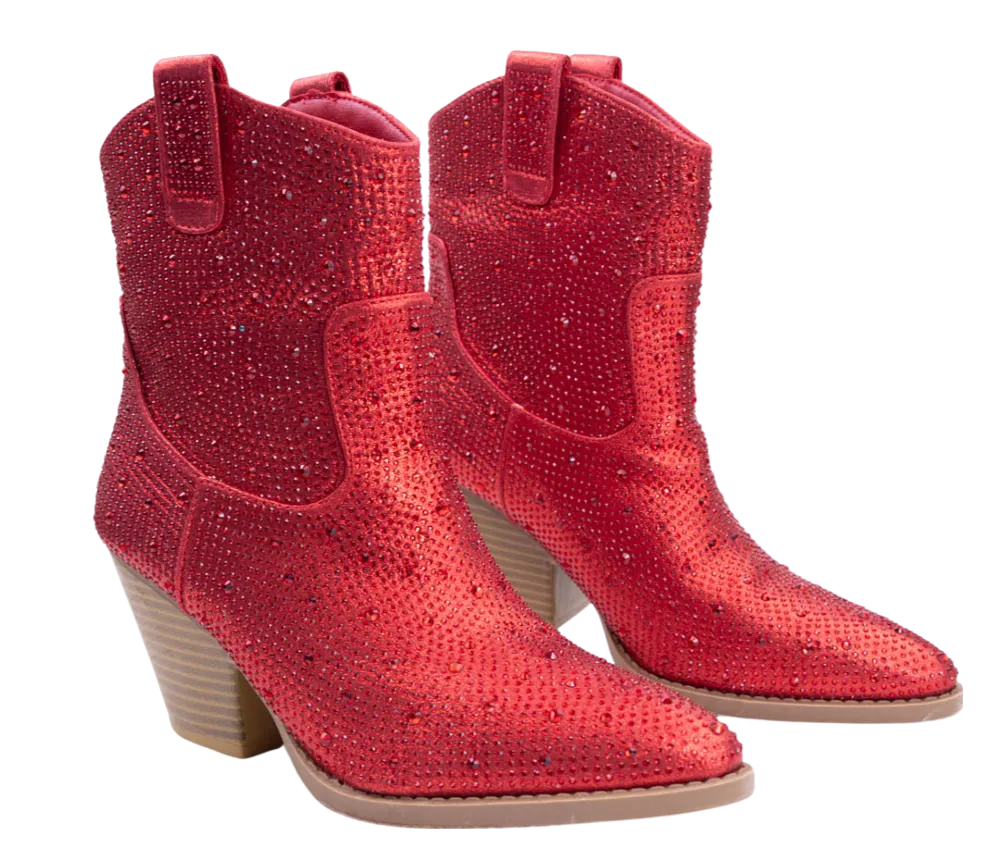 Glitter Rhinestone Booties -Red