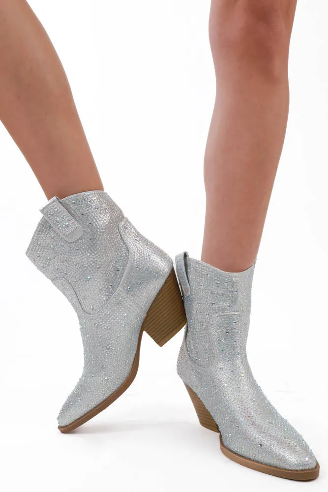 Glitter Rhinestone Booties -Silver