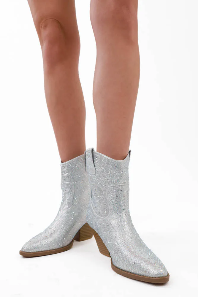 Glitter Rhinestone Booties -Silver