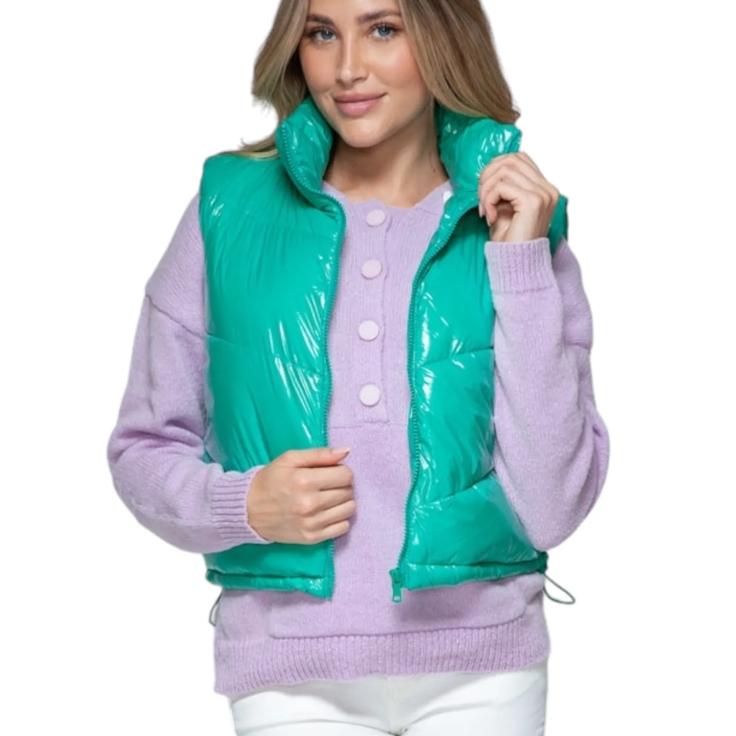 Glossy Turquoise Shiny Quilted Puffer Vest