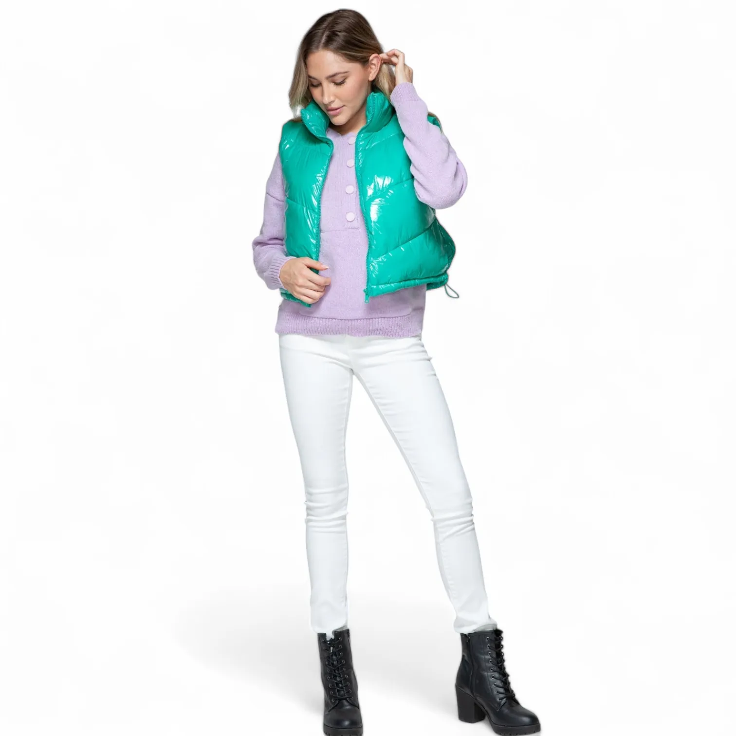 Glossy Turquoise Shiny Quilted Puffer Vest
