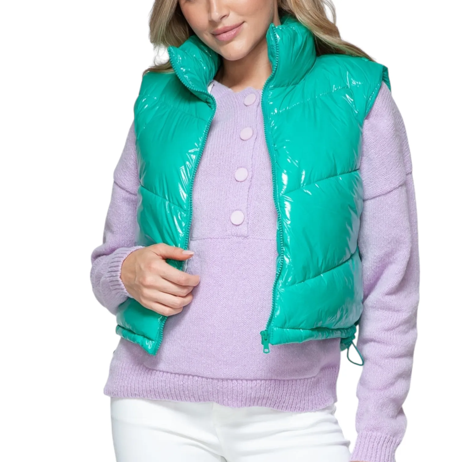 Glossy Turquoise Shiny Quilted Puffer Vest