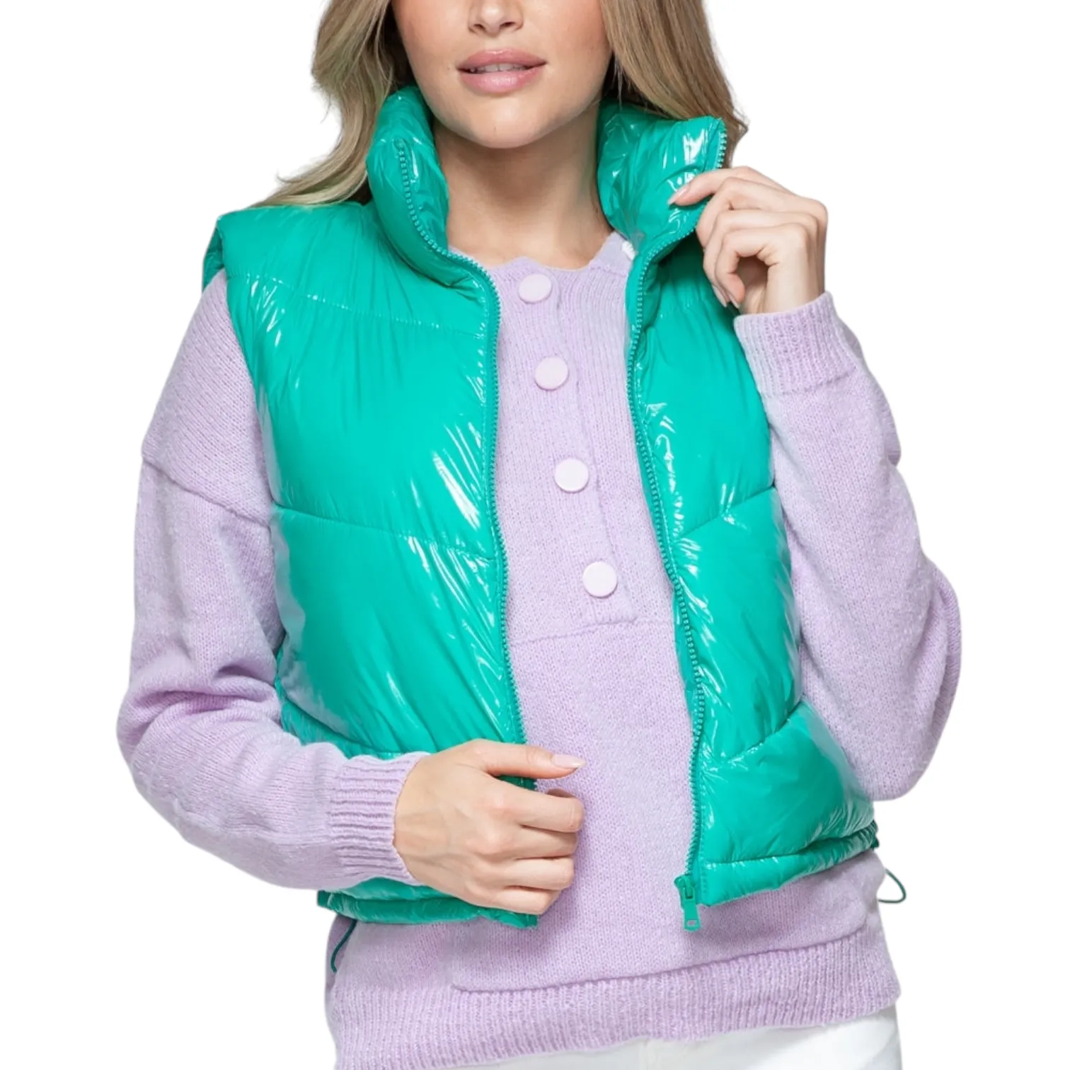 Glossy Turquoise Shiny Quilted Puffer Vest