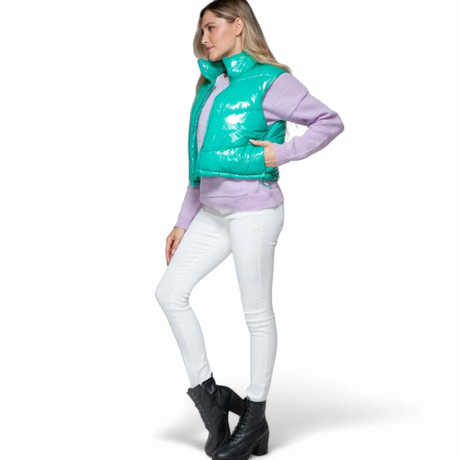 Glossy Turquoise Shiny Quilted Puffer Vest