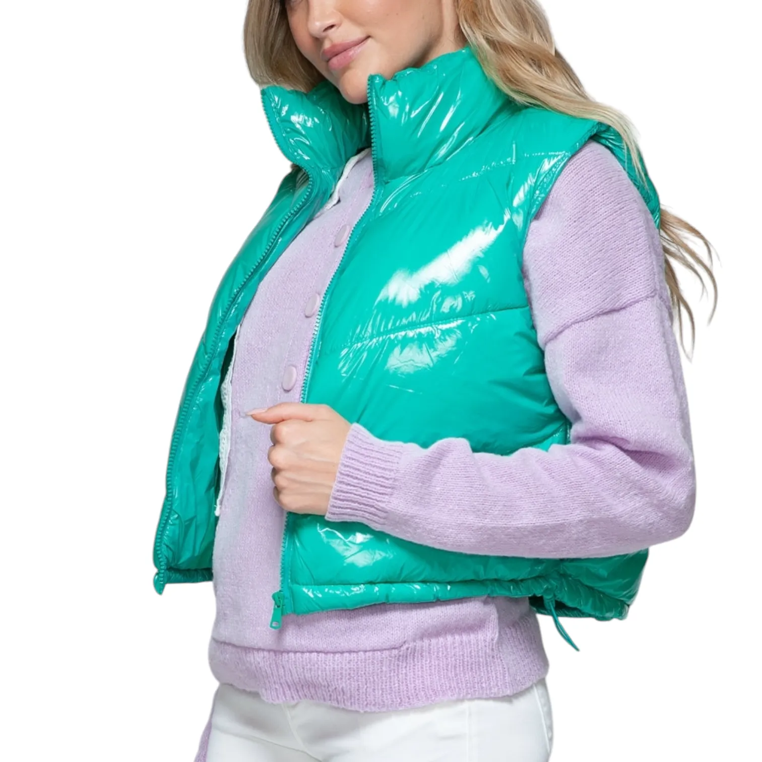 Glossy Turquoise Shiny Quilted Puffer Vest