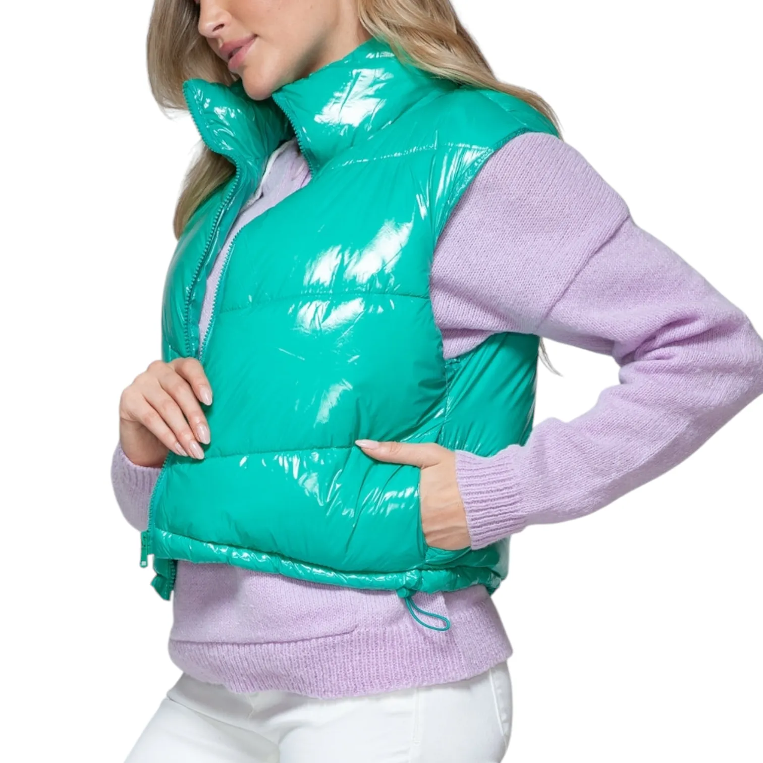 Glossy Turquoise Shiny Quilted Puffer Vest