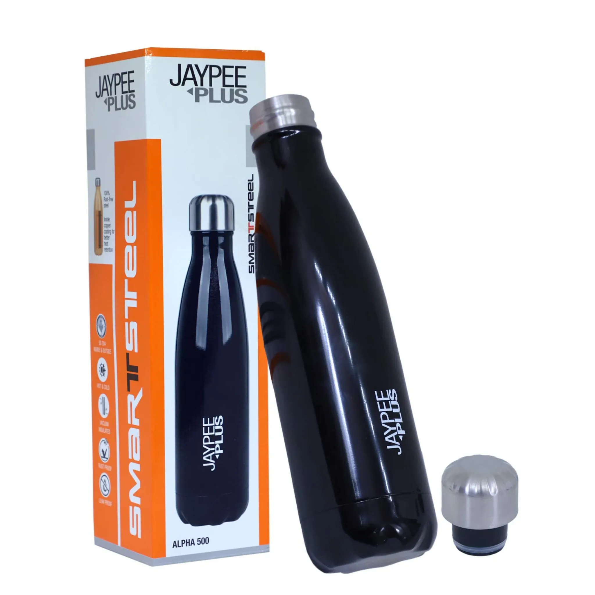Jaypee Plus Alpha 500 Stainless Steel Water Bottle, 500 ml, Black