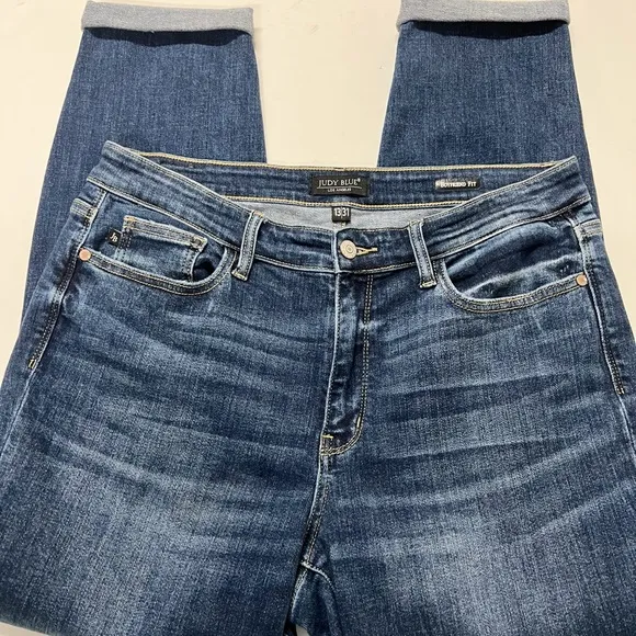 Judy Blue Jeans Womens Mid Rise Dark Wash Cuffed Boyfriend Denim Jeans Size 31